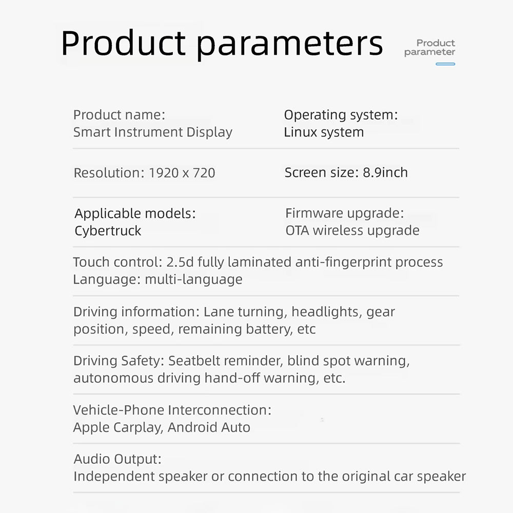 8.9" Smart Instrument Cluster for Tesla Cybertruck | HD Dash Display, Wireless CarPlay & Real-Time Data
