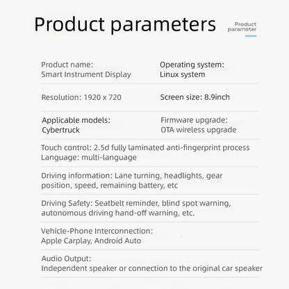 8.9" Smart Instrument Cluster for Tesla Cybertruck | HD Dash Display, Wireless CarPlay & Real-Time Data