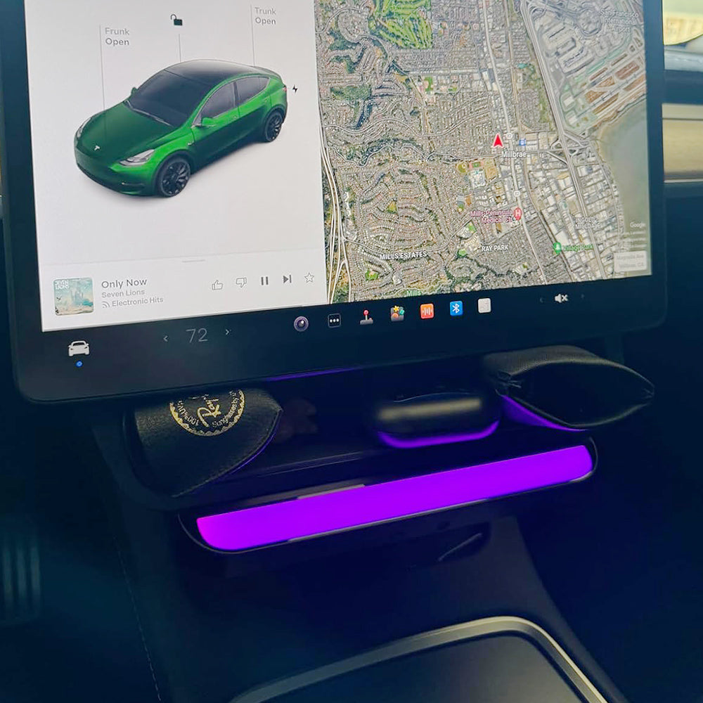 Center Console Under Screen Organizer Tray with Ambient Light for Tesla Model Y/3