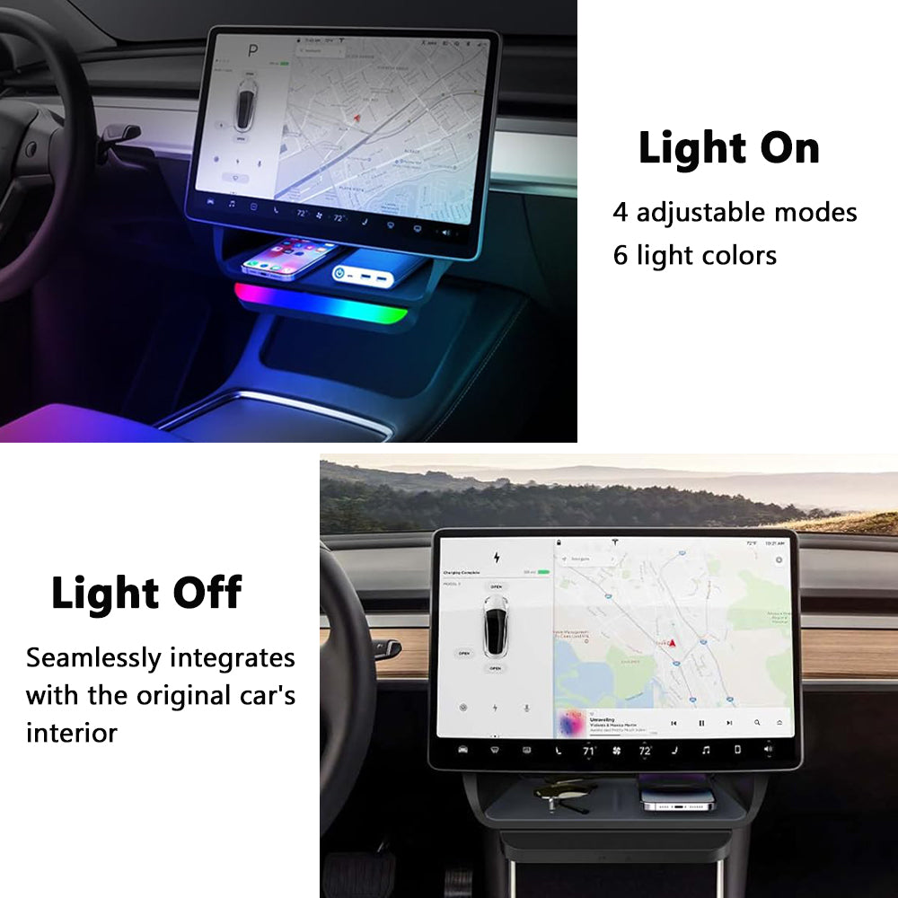 Center Console Under Screen Organizer Tray with Ambient Light for Tesla Model Y/3